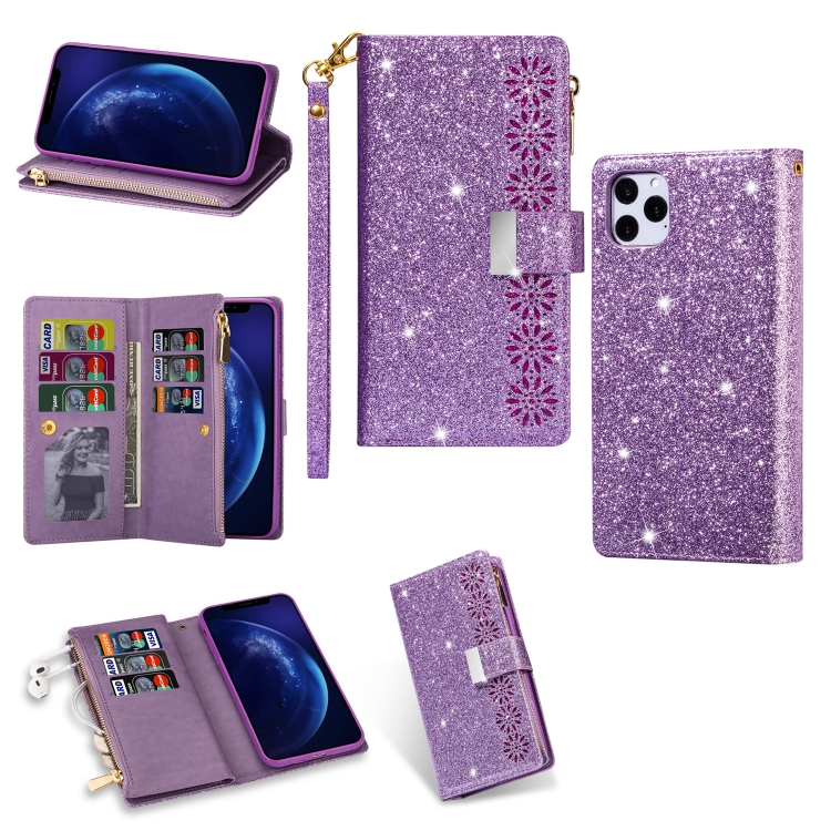 

For iPhone 11 Pro Max Multi-card Slots Starry Sky Laser Carving Glitter Zipper Horizontal Flip Leather Case with Holder & Wallet & Lanyard(Purple)