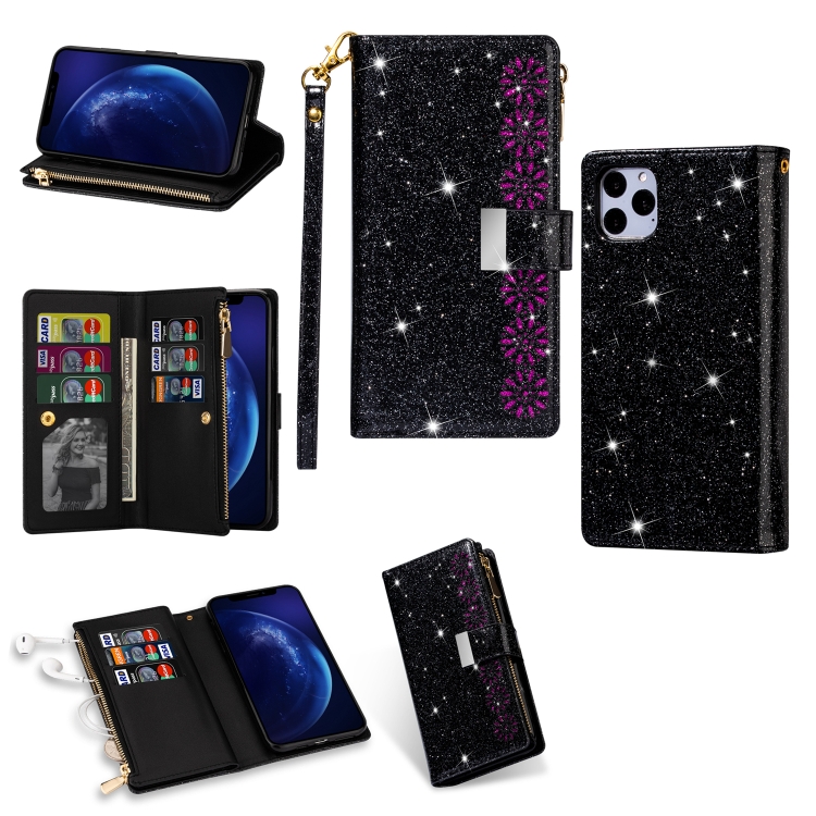 

For iPhone 11 Pro Multi-card Slots Starry Sky Laser Carving Glitter Zipper Horizontal Flip Leather Case with Holder & Wallet & Lanyard(Black)