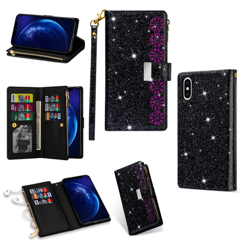

For iPhone XS Max Multi-card Slots Starry Sky Laser Carving Glitter Zipper Horizontal Flip Leather Case with Holder & Wallet & Lanyard(Black)