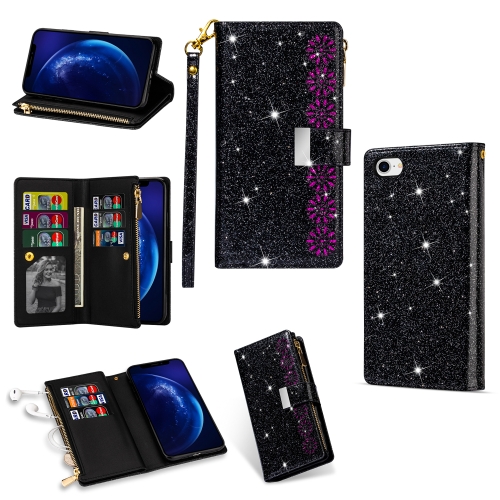 

For iPhone SE 2020 / 8 / 7 Multi-card Slots Starry Sky Laser Carving Glitter Zipper Horizontal Flip Leather Case with Holder & Wallet & Lanyard(Black)