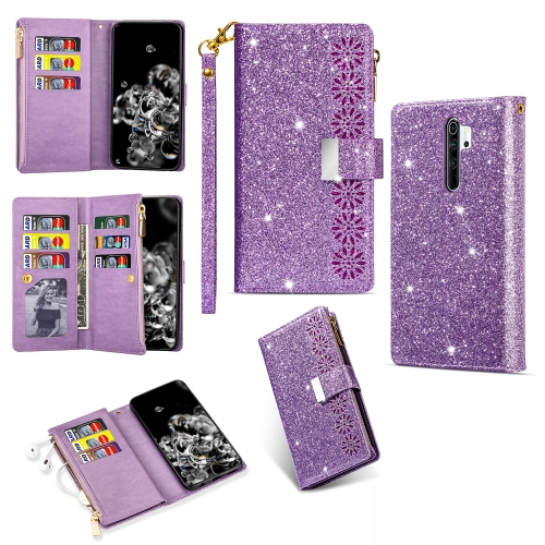 

For Xiaomi Redmi Note 8 Pro Multi-card Slots Starry Sky Laser Carving Glitter Zipper Horizontal Flip Leather Case with Holder & Wallet & Lanyard(Purple)