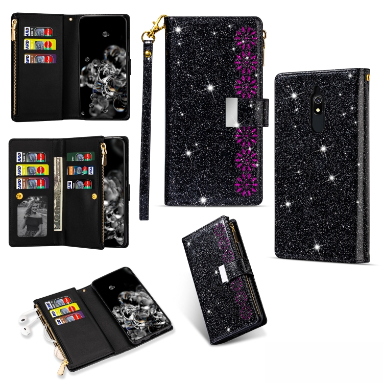 

For Xiaomi Redmi 8A / 8A Dual / 8 Multi-card Slots Starry Sky Laser Carving Glitter Zipper Horizontal Flip Leather Case with Holder & Wallet & Lanyard(Black)
