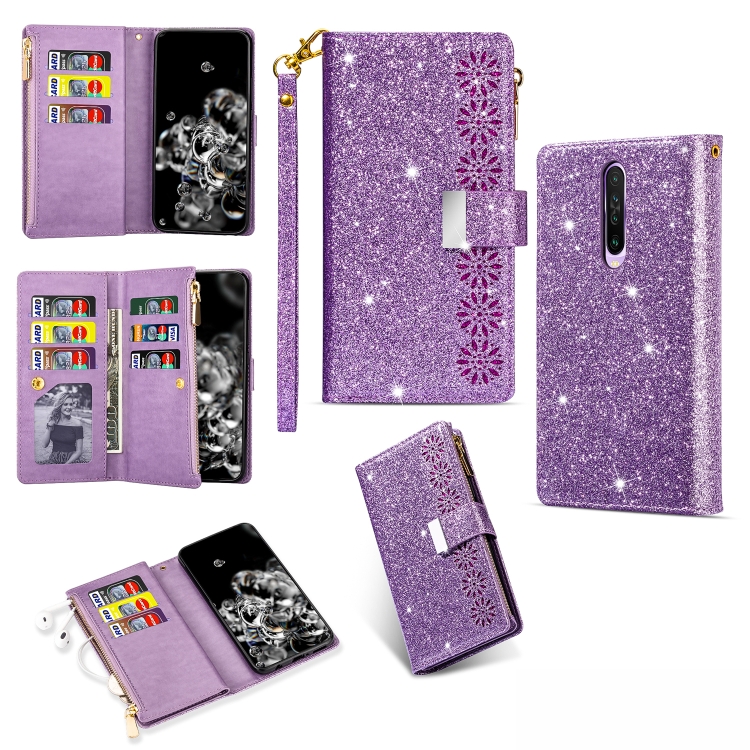 

For Xiaomi Redmi K30 Multi-card Slots Starry Sky Laser Carving Glitter Zipper Horizontal Flip Leather Case with Holder & Wallet & Lanyard(Purple)