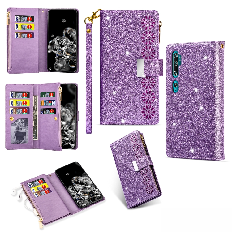 

For Xiaomi Note 10 Pro Multi-card Slots Starry Sky Laser Carving Glitter Zipper Horizontal Flip Leather Case with Holder & Wallet & Lanyard(Purple)