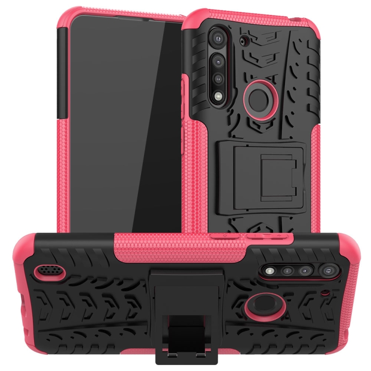 

For Motorola Moto G8 Power Lite Tire Texture Shockproof TPU + PC Protective Case with Holder(Rose Red)