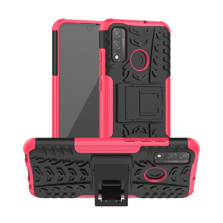 

For Huawei P Smart (2020) Tire Texture Shockproof TPU + PC Protective Case with Holder(Rose Red)