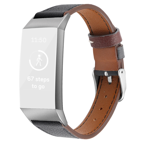 

For Fitbit Charge 4 / 3 Top-grain Leather + 316L Stainless Steel Strap, Size:Large Size(Black)