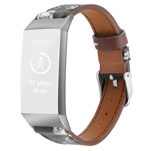 

For Fitbit Charge 4 / 3 Top-grain Leather + 316L Stainless Steel Strap, Size:Large Size(Grey Flower)