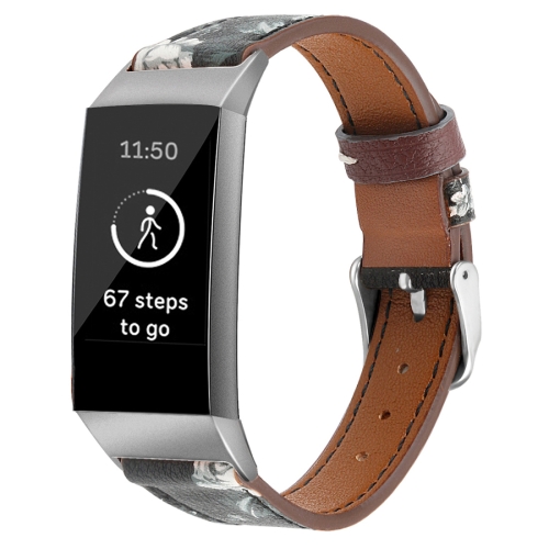 

For Fitbit Charge 4 / 3 Top-grain Leather + 316L Stainless Steel Strap, Size:Small Code(Grey Flower)