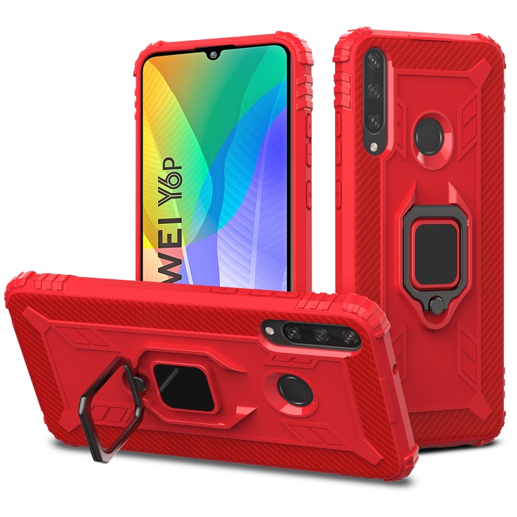 

For Huawei Y6p Carbon Fiber Protective Case with 360 Degree Rotating Ring Holder(Red)