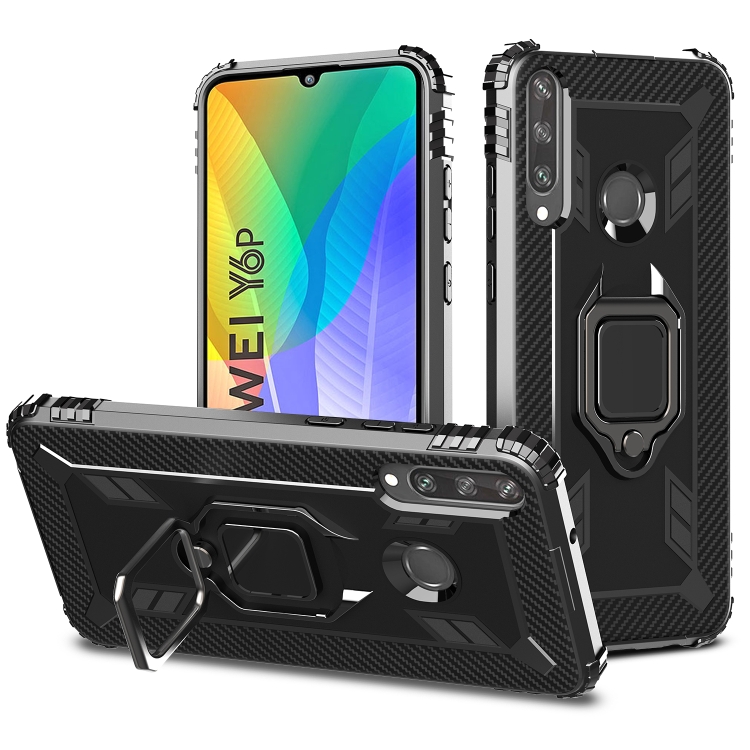 

For Huawei Y6p Carbon Fiber Protective Case with 360 Degree Rotating Ring Holder(Black)