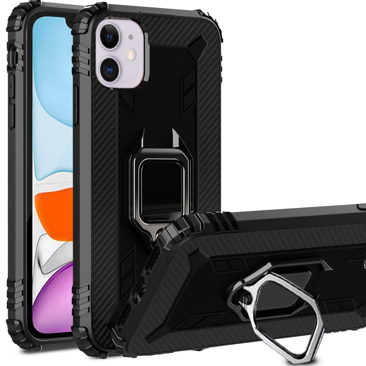 

For iPhone 12 / 12 Pro Carbon Fiber Protective Case with 360 Degree Rotating Ring Holder(Black)