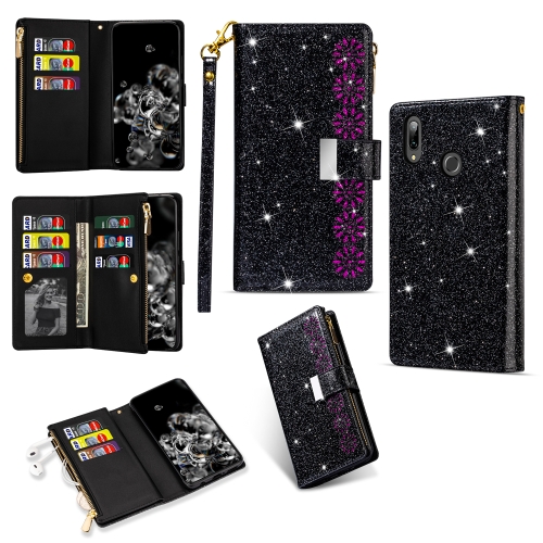 

For Samsung Galaxy A20e / A10e Multi-card Slots Starry Sky Laser Carving Glitter Zipper Horizontal Flip Leather Case with Holder & Wallet & Lanyard(Black)