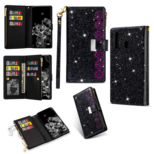 

For Samsung Galaxy A21 Multi-card Slots Starry Sky Laser Carving Glitter Zipper Horizontal Flip Leather Case with Holder & Wallet & Lanyard(Black)