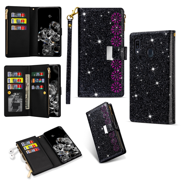 

For Samsung Galaxy A30 / A20 Multi-card Slots Starry Sky Laser Carving Glitter Zipper Horizontal Flip Leather Case with Holder & Wallet & Lanyard(Black)