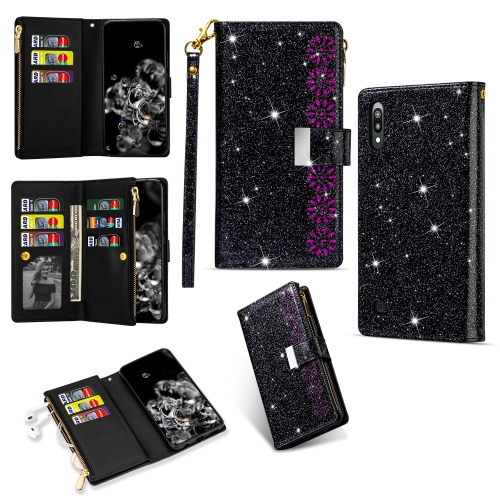 

For Samsung Galaxy M10 / A10 Multi-card Slots Starry Sky Laser Carving Glitter Zipper Horizontal Flip Leather Case with Holder & Wallet & Lanyard(Black)