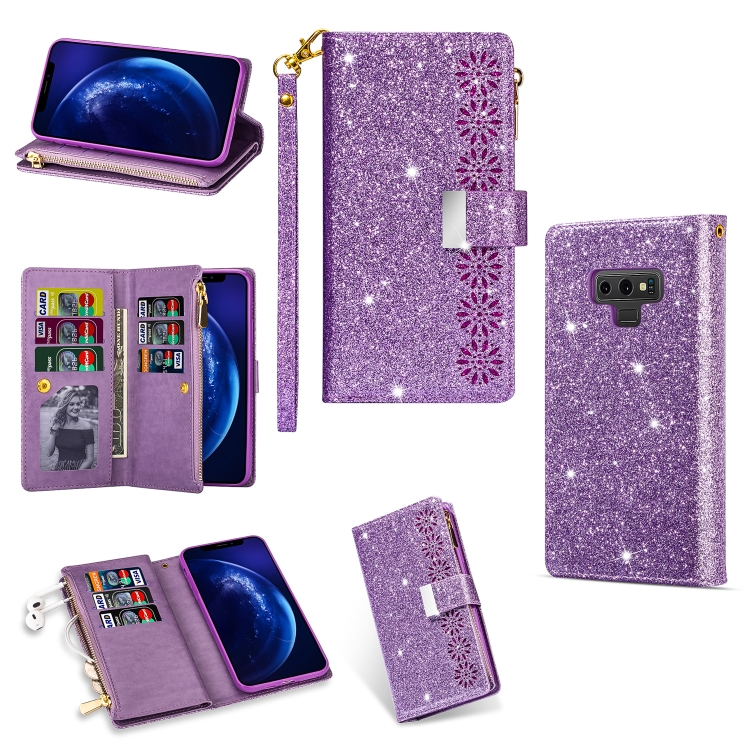 

For Samsung Galaxy Note9 Multi-card Slots Starry Sky Laser Carving Glitter Zipper Horizontal Flip Leather Case with Holder & Wallet & Lanyard(Purple)