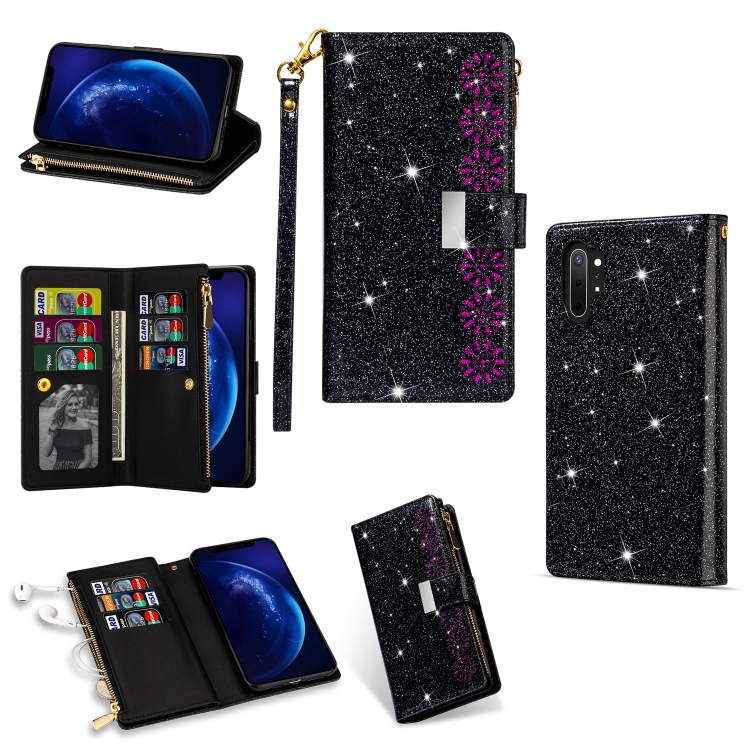 

For Samsung Galaxy Note10 Multi-card Slots Starry Sky Laser Carving Glitter Zipper Horizontal Flip Leather Case with Holder & Wallet & Lanyard(Black)