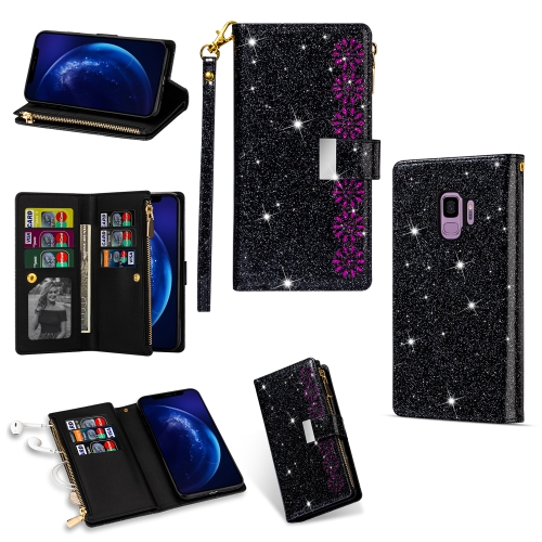 

For Samsung Galaxy S9 Multi-card Slots Starry Sky Laser Carving Glitter Zipper Horizontal Flip Leather Case with Holder & Wallet & Lanyard(Black)