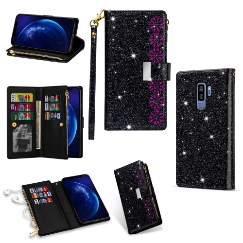 

For Samsung Galaxy S9+ Multi-card Slots Starry Sky Laser Carving Glitter Zipper Horizontal Flip Leather Case with Holder & Wallet & Lanyard(Black)