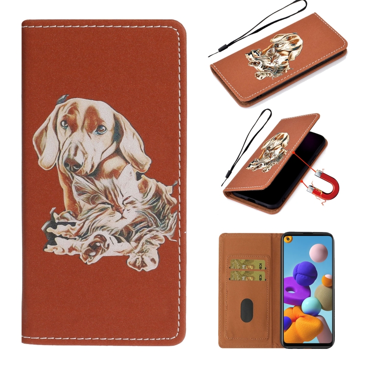

For Samsung Galaxy A21s Pure Color Painting Horizontal Flip Leather Case with Card Slot & Holder(Dog)