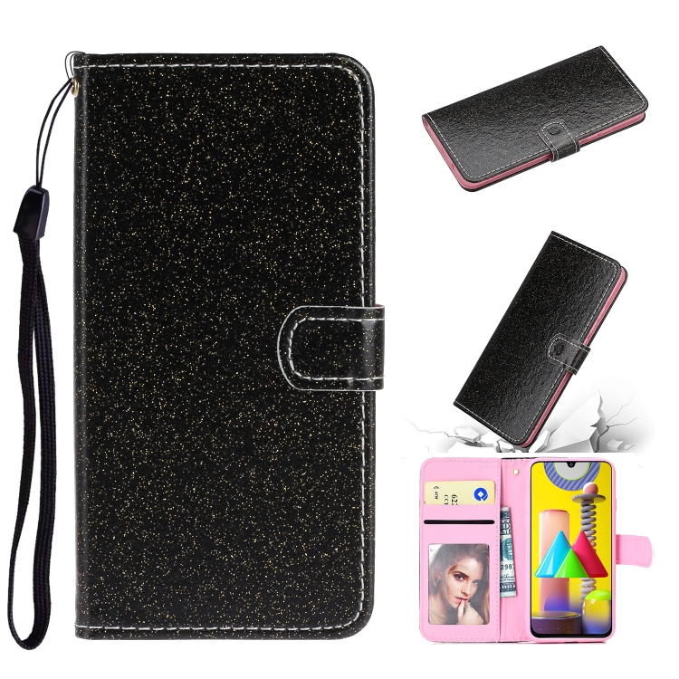 

For Samsung Galaxy A21s Glitter Powder Horizontal Flip Leather Case with Card Slots & Holder & Photo Frame & Wallet & Lanyard(Black)