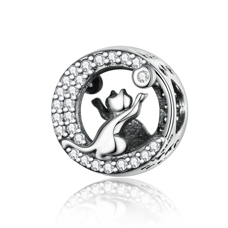 

S925 Sterling Silver Beaded Cat Hollowed Out Loose Beads Inlaid With Zircon DIY Bracelet Accessories