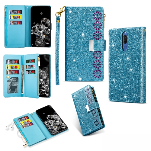 

For Huawei Mate 10 Lite Multi-card Slots Starry Sky Laser Carving Glitter Zipper Horizontal Flip Leather Case with Holder & Wallet & Lanyard(Sky Blue)