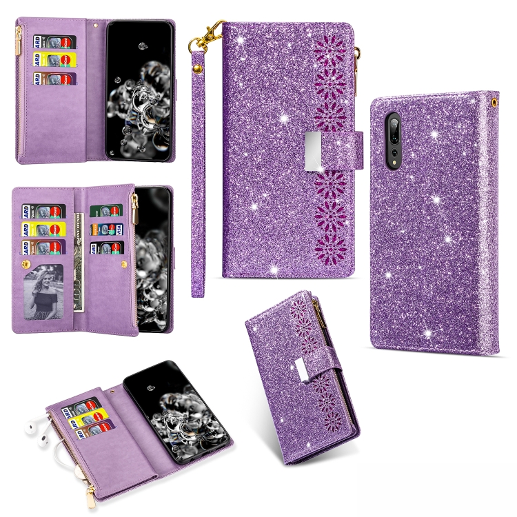 

For Huawei P20 / P20 Pro Multi-card Slots Starry Sky Laser Carving Glitter Zipper Horizontal Flip Leather Case with Holder & Wallet & Lanyard(Purple)