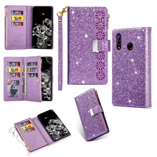 

For Huawei P30 lite Multi-card Slots Starry Sky Laser Carving Glitter Zipper Horizontal Flip Leather Case with Holder & Wallet & Lanyard(Purple)