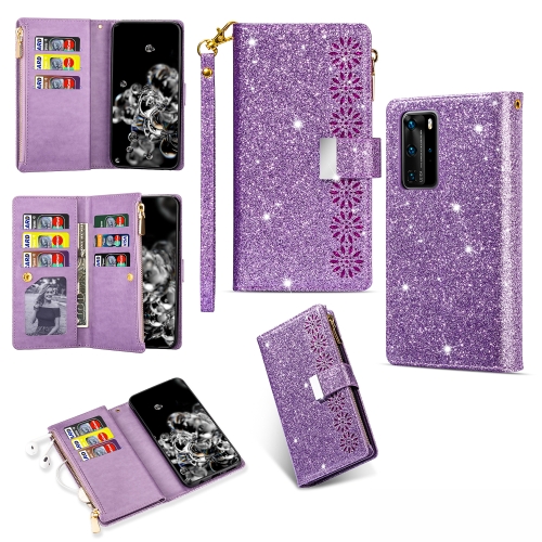 

For Huawei P40 / P40 Pro Multi-card Slots Starry Sky Laser Carving Glitter Zipper Horizontal Flip Leather Case with Holder & Wallet & Lanyard(Purple)