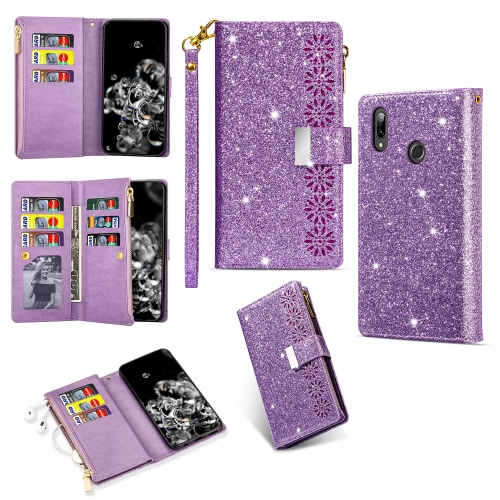 

For Huawei Y7 (2019) Multi-card Slots Starry Sky Laser Carving Glitter Zipper Horizontal Flip Leather Case with Holder & Wallet & Lanyard(Purple)