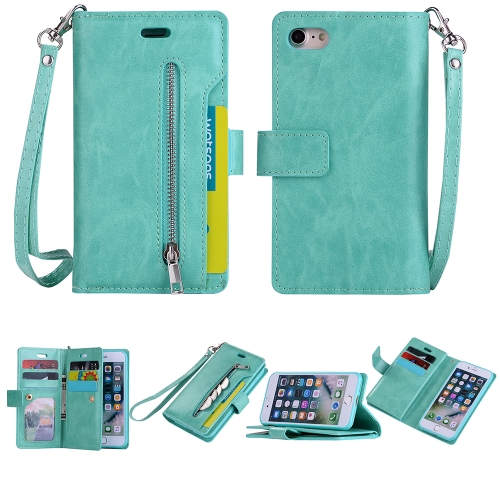 

For iPhone SE 2020 / 8 / 7 Multifunctional Zipper Horizontal Flip Leather Case with Holder & Wallet & 9 Card Slots & Lanyard(Mint Green)