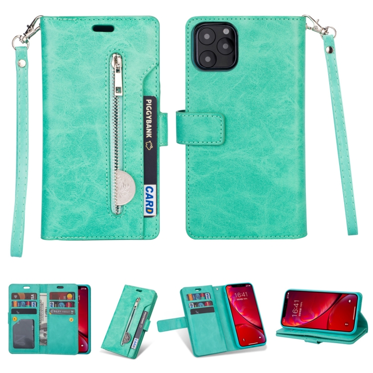 

For iPhone 11 Multifunctional Zipper Horizontal Flip Leather Case with Holder & Wallet & 9 Card Slots & Lanyard(Mint Green)