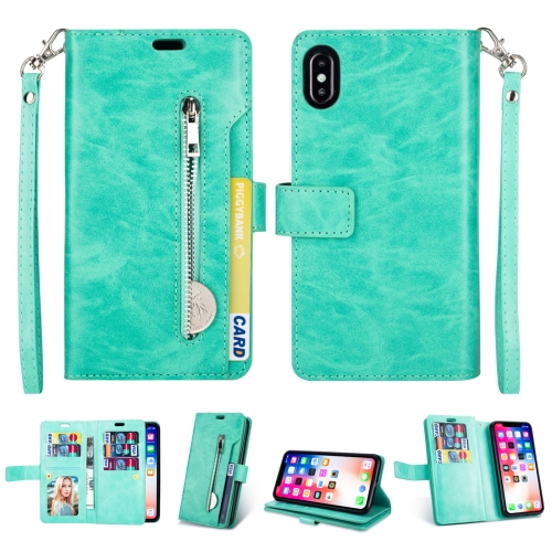 

For iPhone X / XS Multifunctional Zipper Horizontal Flip Leather Case with Holder & Wallet & 9 Card Slots & Lanyard(Mint Green)