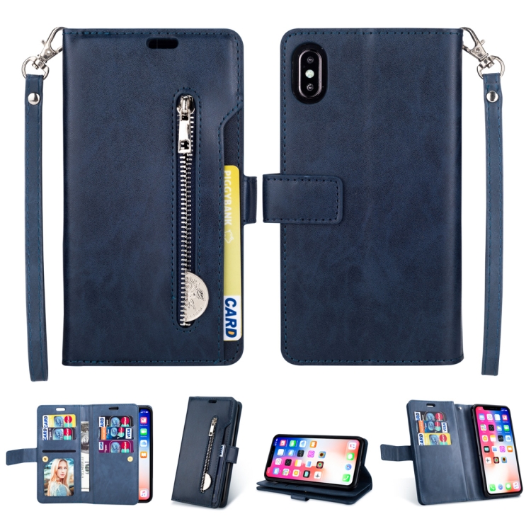 

For iPhone XR Multifunctional Zipper Horizontal Flip Leather Case with Holder & Wallet & 9 Card Slots & Lanyard(Blue)
