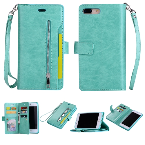 

For iPhone 8 Plus & 7 Plus Multifunctional Zipper Horizontal Flip Leather Case with Holder & Wallet & 9 Card Slots & Lanyard(Mint Green)