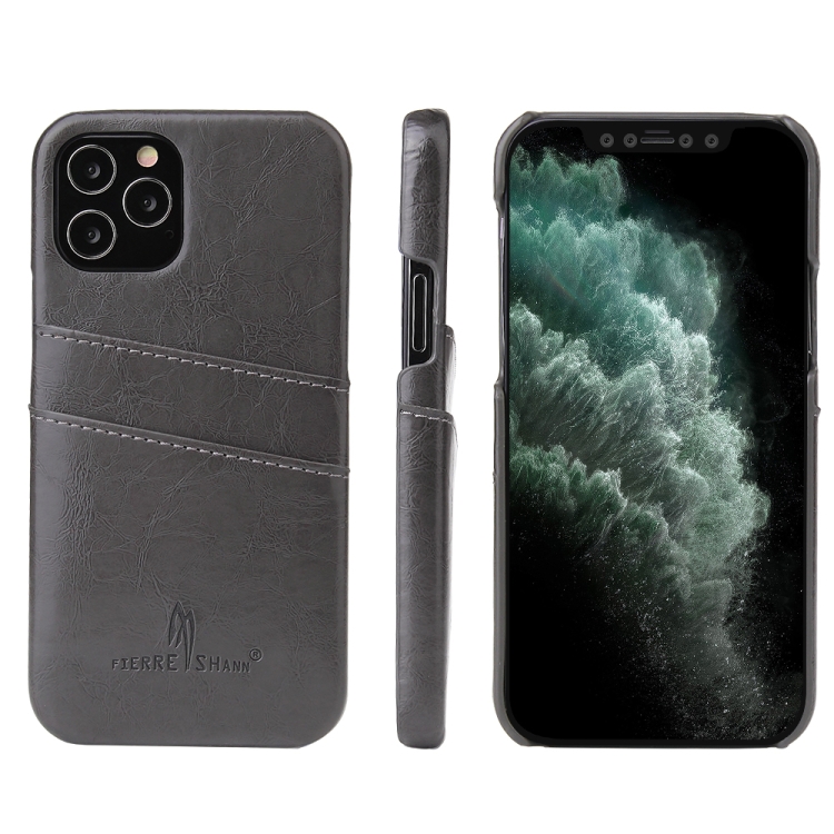 

For iPhone 12 Pro Max Fierre Shann Retro Oil Wax Texture PU Leather Case with Card Slots(Grey)