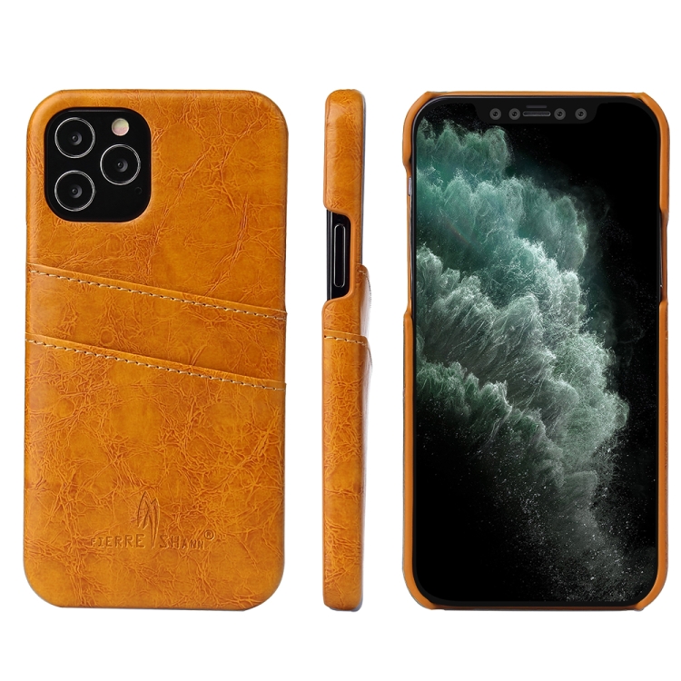 

For iPhone 12 / 12 Pro Fierre Shann Retro Oil Wax Texture PU Leather Case with Card Slots(Yellow)