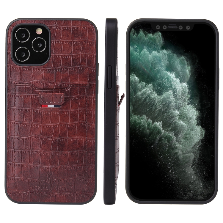 

For iPhone 12 / 12 Pro Fierre Shann Crocodile Texture PU Leather Protective Case with Card Slot(Brown)