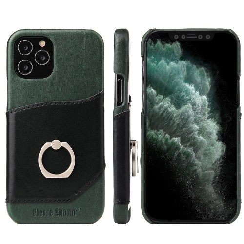 

For iPhone 12 Pro Max Fierre Shann Oil Wax Texture Genuine Leather Back Cover Case with 360 Degree Rotation Holder & Card Slot(Black+Green)