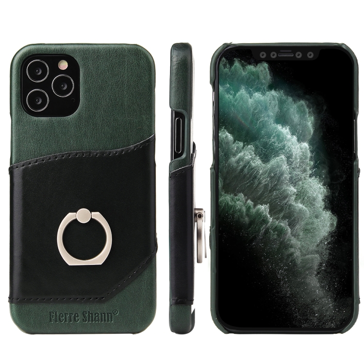 

For iPhone 12 / 12 Pro Fierre Shann Oil Wax Texture Genuine Leather Back Cover Case with 360 Degree Rotation Holder & Card Slot(Black+Green)
