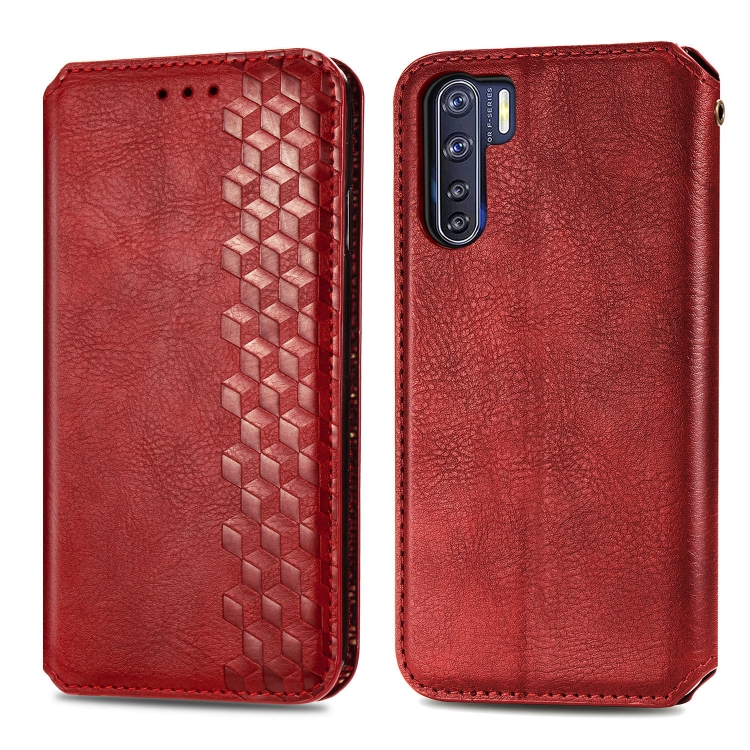 

For OPPO A91 / F15 Cubic Grid Pressed Horizontal Flip Magnetic PU Leather Case with Holder & Card Slots & Wallet(Red)
