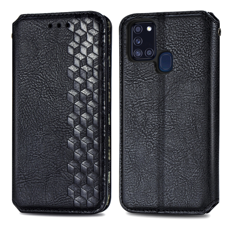 

For Samsung Galaxy A21s Cubic Grid Pressed Horizontal Flip Magnetic PU Leather Case with Holder & Card Slots & Wallet(Black)