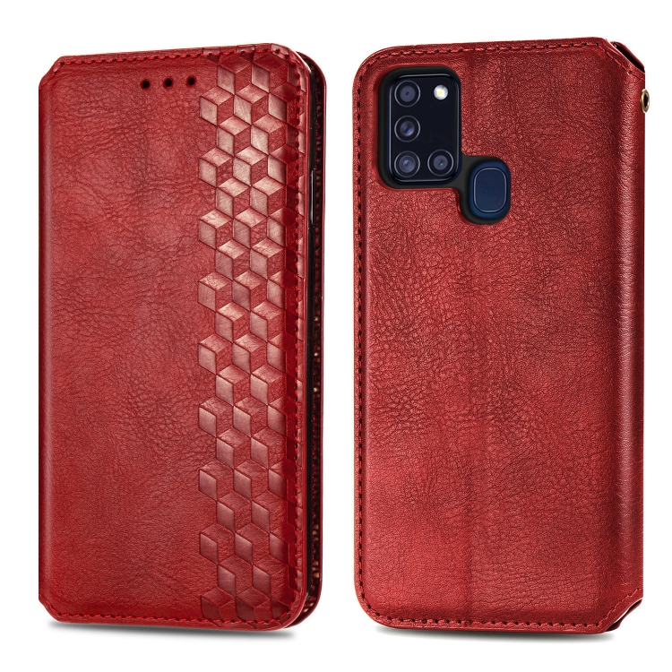 

For Samsung Galaxy A21s Cubic Grid Pressed Horizontal Flip Magnetic PU Leather Case with Holder & Card Slots & Wallet(Red)