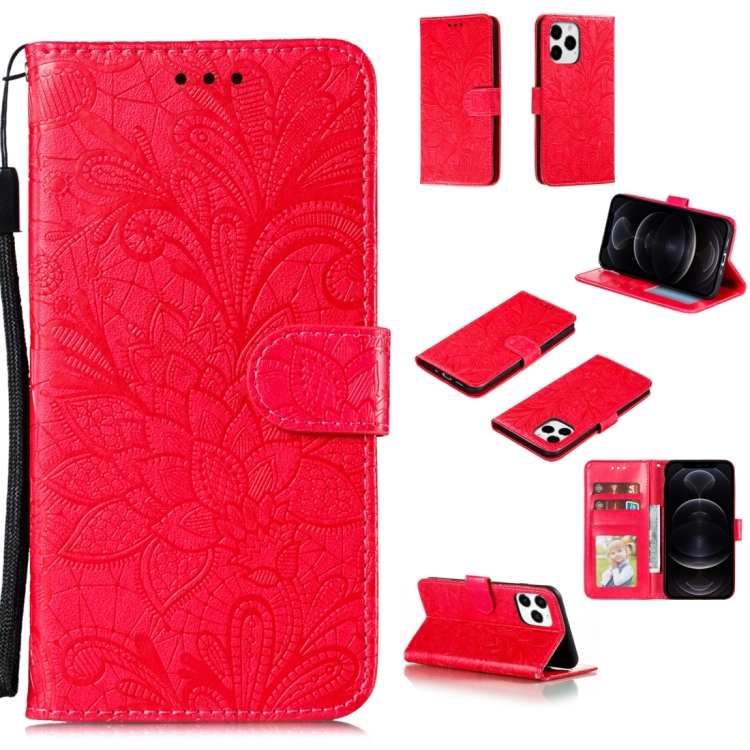 

For iPhone 12 / 12 Pro Lace Flower Horizontal Flip Leather Case with Holder & Card Slots & Wallet & Photo Frame(Red)