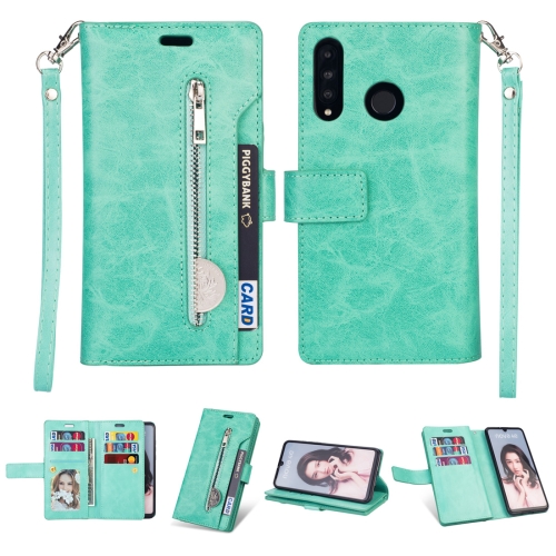 

For Huawei P30 lite Multifunctional Zipper Horizontal Flip Leather Case with Holder & Wallet & 9 Card Slots & Lanyard(Mint Green)