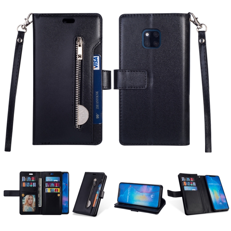 

For Huawei Mate 20 Pro Multifunctional Zipper Horizontal Flip Leather Case with Holder & Wallet & 9 Card Slots & Lanyard(Black)