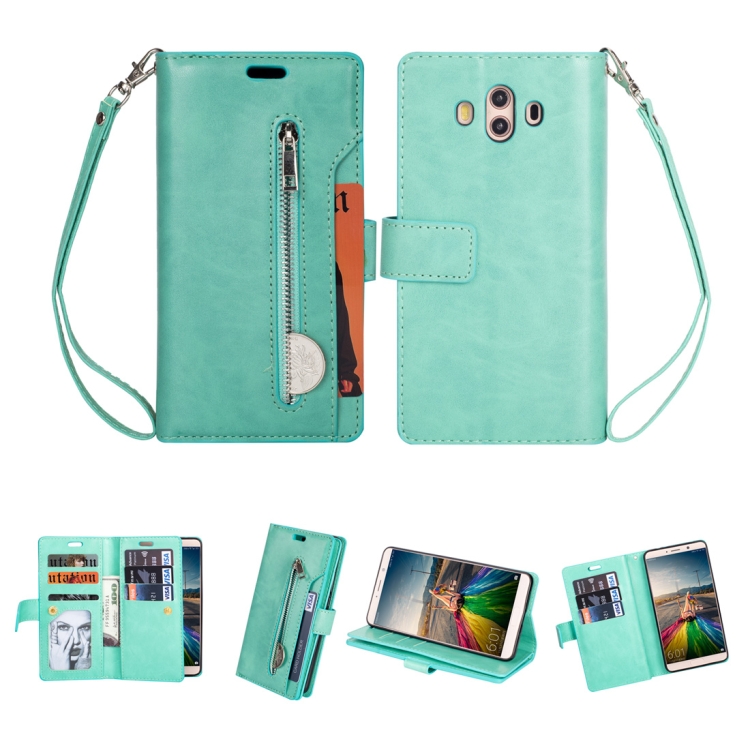 

For Huawei Mate 10 Multifunctional Zipper Horizontal Flip Leather Case with Holder & Wallet & 9 Card Slots & Lanyard(Mint Green)
