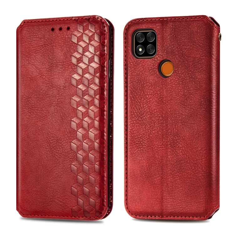 

For Xiaomi Redmi 9C Cubic Grid Pressed Horizontal Flip Magnetic PU Leather Case with Holder & Card Slots & Wallet(Red)